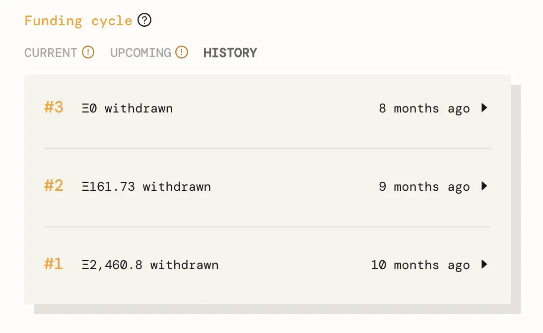 Funding cycle history for MoonDAO on Juicebox