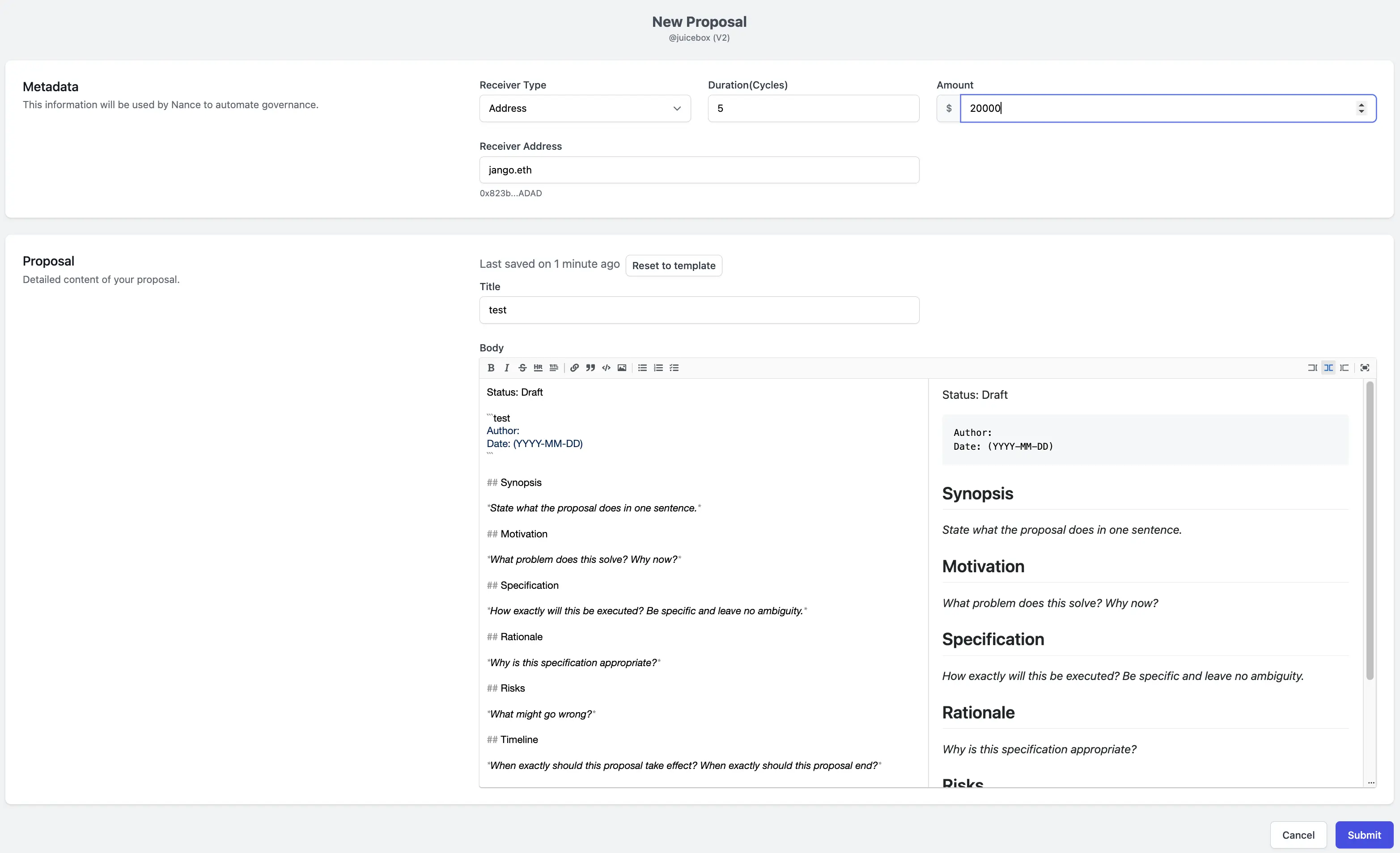 juicetool proposal interface