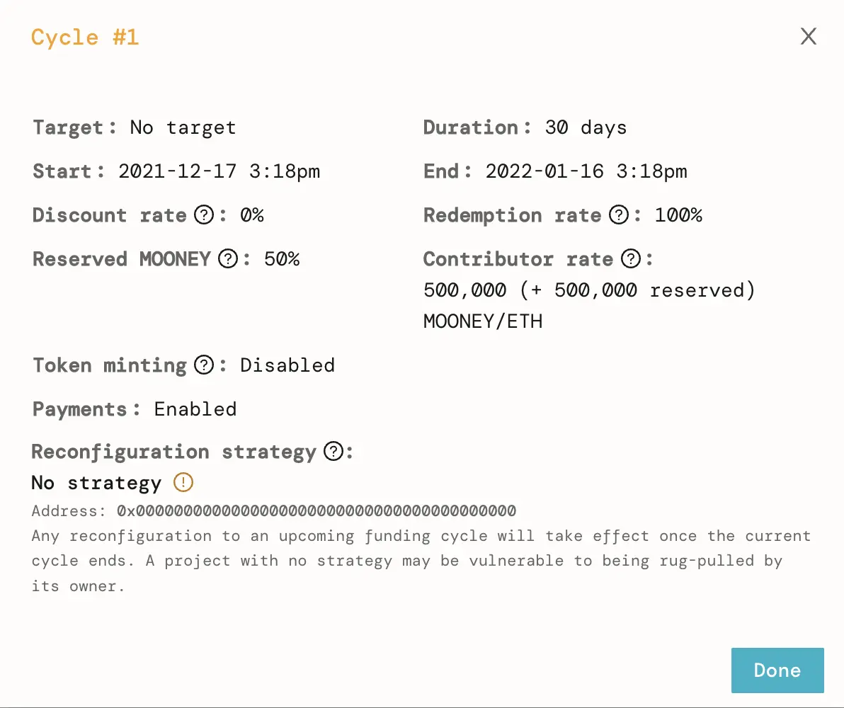 Funding cycle #1 configuration for MoonDAO on Juicebox