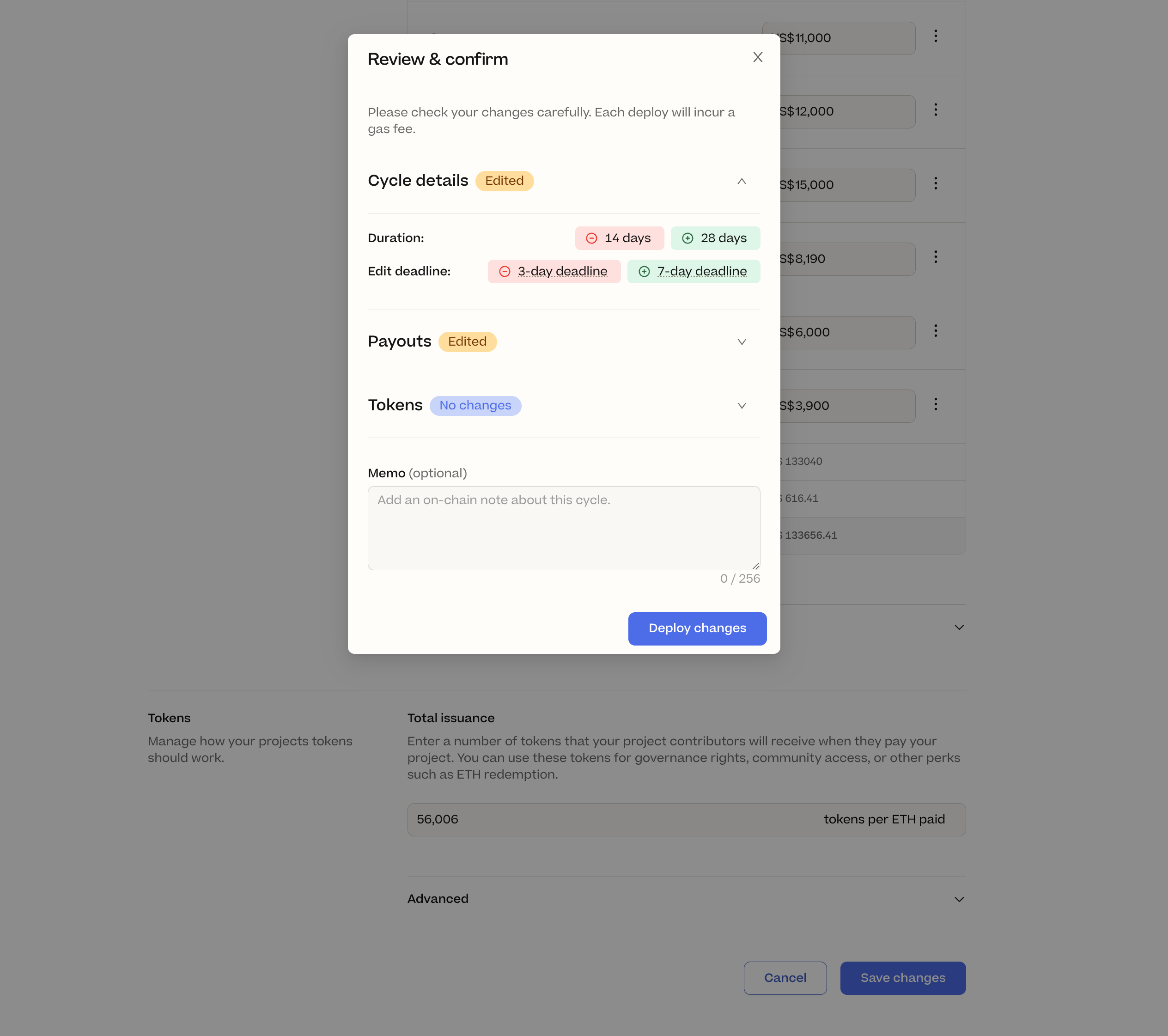 New cycle config review and confirm pop-up