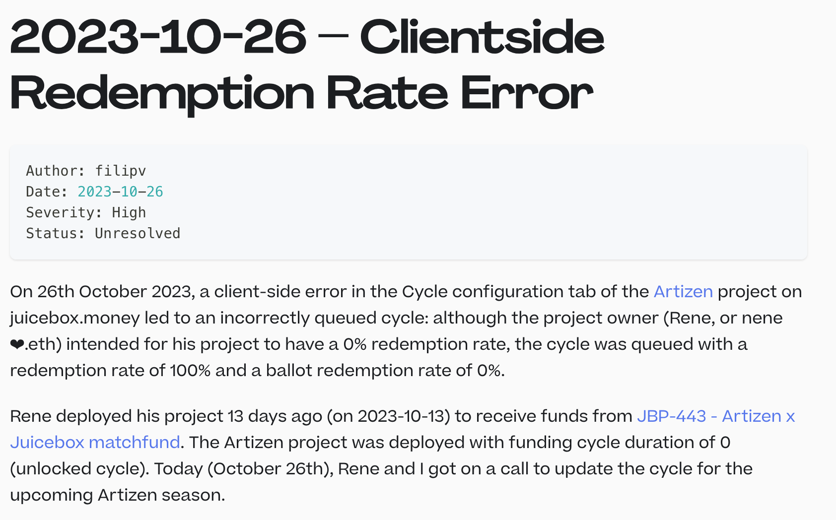 Postmortem of redemption rate error